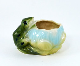 Frog and Lotus Water Lily Flower Small Pottery Planter Yellow Flower Vtg... - $24.99