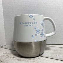 2007 Starbucks Holiday Coffee Mug Cup White W/ Blue Snowflakes Stainless... - $14.84