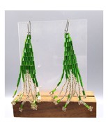 Glass Beads Fringe Earrings, Tube Beads and Seed Beads in Kelly Green, V... - £30.53 GBP