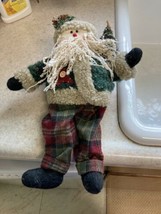 Vintage Farmhouse Santa Doll Primitive Raggedy Folk Art Patch Quilt Plaid - £9.75 GBP