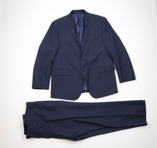 Perry Ellis Mens 44S Slim Fit Wool Blend 2 Piece Suit Dark Blue Plaid 36... - $138.55