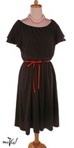 Vintage 80s Queens Row Black Dress - Flutter Sleeves Elastic Waist - L -... - £25.50 GBP