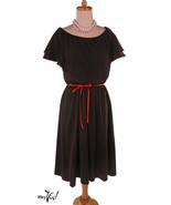 Vintage 80s Queens Row Black Dress - Flutter Sleeves Elastic Waist - L -... - £25.35 GBP