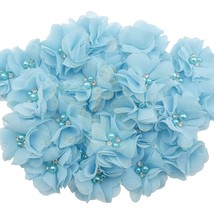30 Pcs Rhinestone Pearl Blue Chiffon Flower Sewing Fabric Appliques For ... - £15.14 GBP