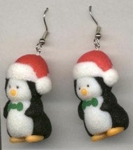 Funky Penguin Santa Earrings Fuzzy Flock Winter Christmas Charms Costume Jewelry - £7.86 GBP