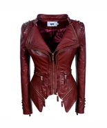 Studded riveted slim waist faux Leather retro biker jacket woman&#39;s burgu... - $79.99