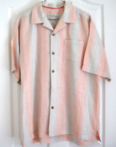 Tommy Bahama Men&#39;s Medium Shirt Short Sleeve Pastel Coral Teal Stripes Linen Exc - £18.37 GBP