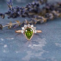 1.80Ct Antique Pear Peridot &amp; Round Diamonds Engagement Ring 14K Rose Gold Over - £58.67 GBP