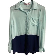 Grayson womens 6 Blue ColorBlock Button Up Blouse Roll Tab Sleeves - £7.32 GBP
