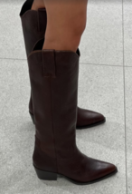 ZARA BNWT 2025. BROWN LEATHER KNEE HIGH COWBOY BOOTS. 2054/610/700 - $186.30