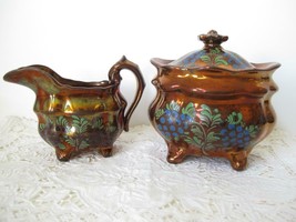 Antique Copper Luster Ware Creamer and Sugar w Painted Blue Grapes Pottery Leaf - £71.12 GBP