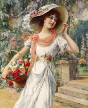 Giclee Woman holding a flower basket painting HD printed on canvas - £6.04 GBP+