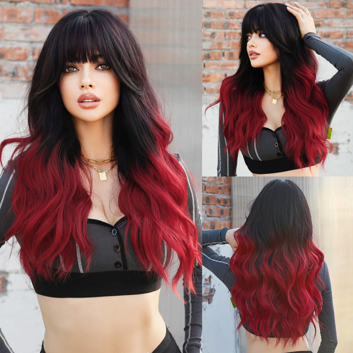 NAMM Long Wavy Ombre Black To Red Wig for Women Daily Cosplay Party Synthetic - £15.37 GBP+