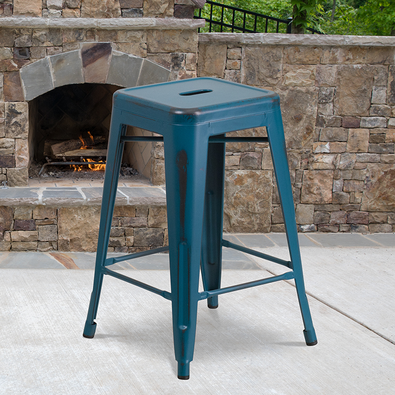 Distressed Blue Metal Stool ET-BT3503-24-AB-GG