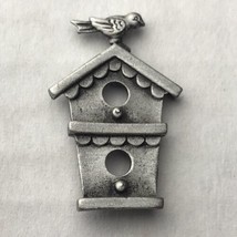 Birdhouse Brooch Pin Pewter Tone Small Bird on Top Double House Signed JJ - $10.00