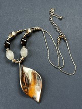 Thin Silvertone Chain w Black &amp; Clear Bead w Large Pinched Twist Oval Pendant - £11.97 GBP