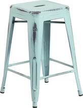 Commercial Grade Green-Blue Metal Counter Height Stool With Backless, 24... - £72.07 GBP