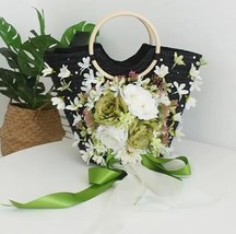  for women green ribbon rattan beach bags travel vacation handmade flowers handbag with thumb200