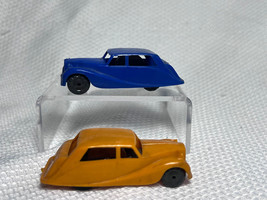 Tri-ang England Vtg Plastic Friction Car Lot Of 2 Blue &amp; Orange Toy Sedans - £23.73 GBP