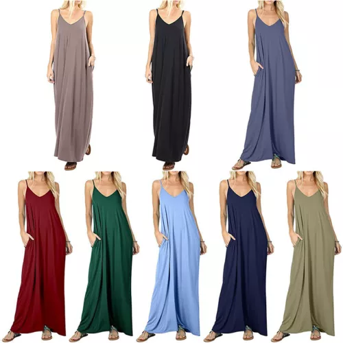 Women Casual Beach V-Neck Long Maxi Dress With Pocket - $23.00