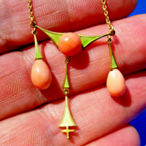 Antique Art Deco Coral Guilloche Enamel Necklace Solid 14K Gold 18" inch Chain - $7,632.72 CAD
