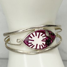 Vintage Mexico Silver Tone Abalone Shell Flower Purple Inlay Cuff Bracelet - £19.46 GBP