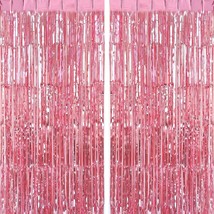 2Pcs 3Ft X 8.3Ft Pink Tinsel Foil Fringe Curtains Streamers Backdrop For... - £11.82 GBP