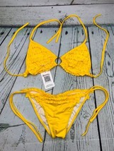 Triangle Smocked Bikini Sets Tie Back Tie Side Gold Ring Yellow Small - £18.67 GBP