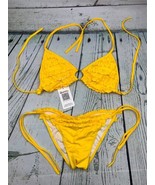 Triangle Smocked Bikini Sets Tie Back Tie Side Gold Ring Yellow Small - £18.76 GBP