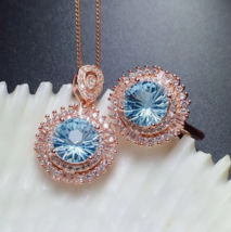 Wedding Party Jewelry Set Flower Cut Blue Topaz Gems Women Charm Necklace Ring - £19.91 GBP