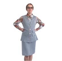 70s Vest Skirt and Blouse Vintage Teacher Librarian Outfit Gray Mod S - £34.37 GBP