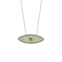 14K Solid Yellow Gold CZ Nano Turquoise Evil Eye Necklace - 16&quot;-18&quot; adjustable - £340.46 GBP