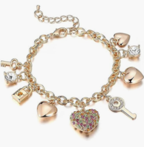 Gold Plated Chain Link Gold Bracelet Jewelry Women Charm Heart Gift Valentine - £17.39 GBP