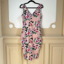 Zara floral v neck bodycon midi dress dusty pink roses M summer sleeveless - $347.06 MXN