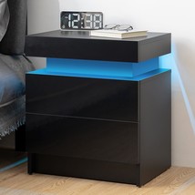 Hommpa Led Nightstand: A Contemporary Black Nightstand With Two Glossy D... - $116.92