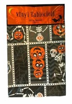 Halloween Vinyl Tablecloth Flannel Backed 60&quot; Rd Skeletons Pumpkins Spid... - £17.63 GBP