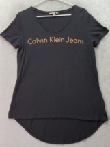 Calvin Klein Jeans Tee Shirt Womens Medium Black Cotton Short Sleeve V Neck Logo - £10.90 GBP