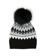 Time And Tru Women&#39;s Fair Isle Knit Beanie Hat W Pom Pom Black Soot New - £12.98 GBP