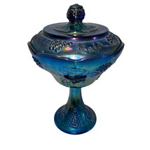 Vintage Indiana Glass Blue Carnival Glass Compote w/ Lid Grape Pattern - $45.00