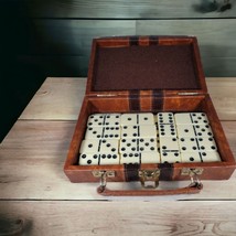 Double Six Dominoes  28 Piece Leather Case Wooden Storage Vintage - $27.59