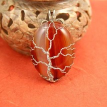 Orange veined agate silver-plated wire-wrapped Tree of Life pendant, Yggdrasil,  - £37.80 GBP