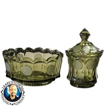 Fostoria Coin Glass Olive Green Candy Dish and Sugar Bowl with lid EUC - £27.96 GBP