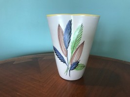 Vintage Mid Century ITALY Ceramic Vase Leaf Feather F1004 Hand Painted 6&quot; - £37.87 GBP
