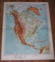 1930 Physical Map Of North America Rockies United States Canada Greenland - $26.42