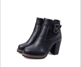 Women&#39;s Boots High-heel Winter Moccasins Thick Heel Belt Buckle Elastic Zip Shor - £39.87 GBP