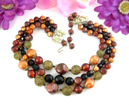 Vintage Necklace Orange Rootbeer Beaded 3 Strands Multi Odd Beads 16- 20&quot; STAR - £22.85 GBP