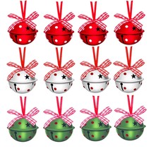 Christmas Jingle Bells 2&quot; Star Cutouts Metal Decorative Bells With Ribbo... - £15.97 GBP