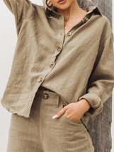Women Vintage Harajuku Button Up Shirt Casual Long Sleeve Solid Cotton and Linen - £41.57 GBP