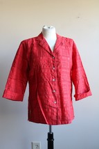 Vtg 90s Chico&#39;s Design 1 (M 8) Red Woven Check Linen Blend Cuffed Top - £20.92 GBP