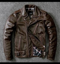 Men  brown leather jacket Genuine men leather sheepskin biker jacket #67 - $158.39